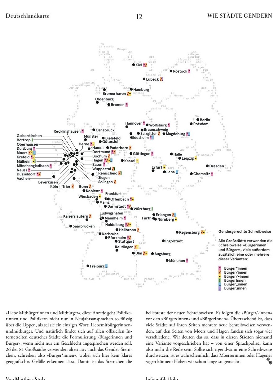 Deutschlandkarte, die Städte zeigt, die schon gendergerecht kommunizieren und mit welcher Schreibweise.